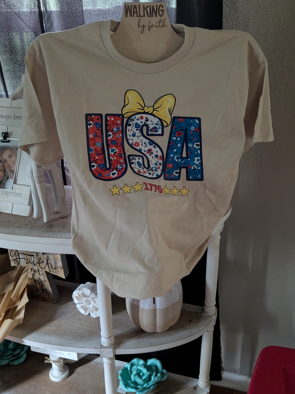Gildan Cream Short Sleeve Tee with Red, White & Blue USA Graphic